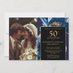 Blue Floral Black and Gold 50 Jahre Foto Einladung