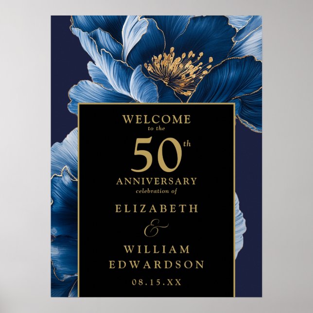 Blue Floral Black and Gold 50 Jahre Jubiläumszeich Poster (Vorne)