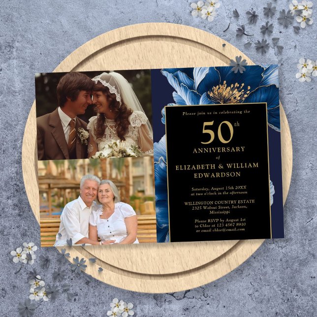 Blue Floral Black Gold 50 Jahre Jubiläum 2 Foto Einladung (Blue Floral Black Gold 50th Anniversary 2 Photo Invitation)