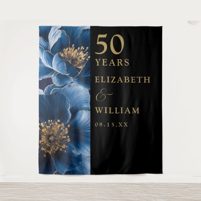 Blue Floral Black Gold 50 Jahre Jubiläum Hintergru Wandteppich (Vorderseite)