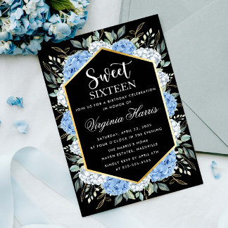 Blue Floral Blätter Black 16 . Geburtstag 16 Gebur Einladung