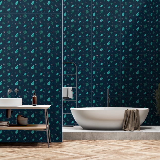 BLUE FLORAL BLÄTTER VINTAG SEAMLESS TAPETE (Badezimmer)