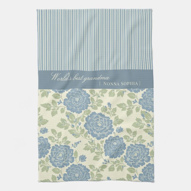 Blue Floral Block Print w Blue Stripes Geschirrtuch (Vertikal)