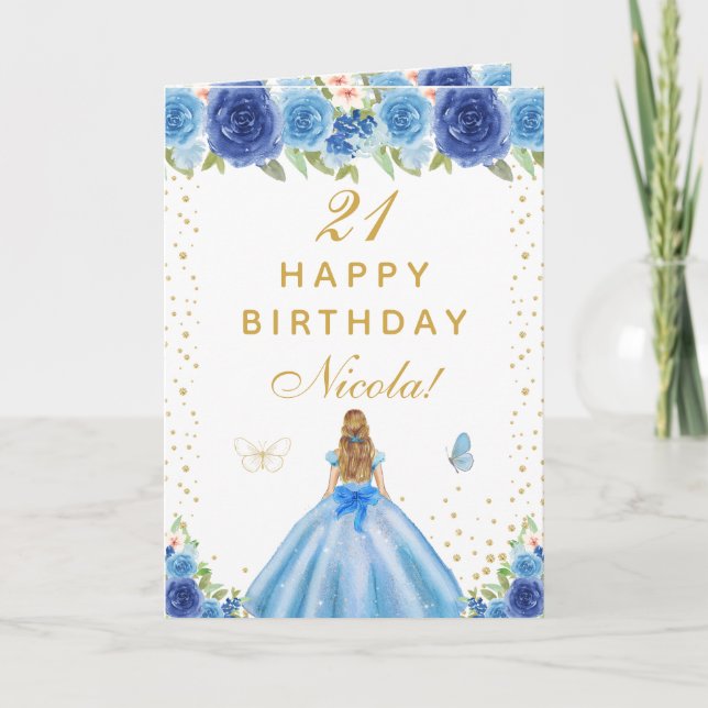 Blue Floral Blonde Hair Girl Birthday Karte (Vorderseite)