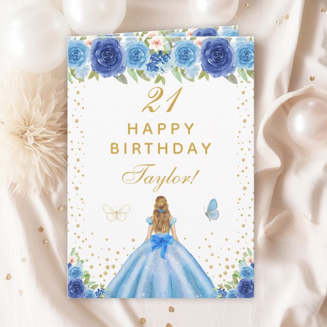 Blue Floral Blonde Hair Girl Happy Birthday Karte (Von Creator hochgeladen)