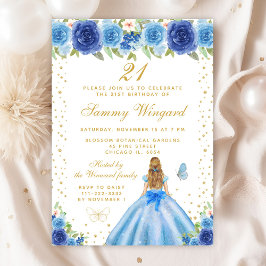 Blue Floral Blonde Hair Princess Geburtstagsparty Einladung