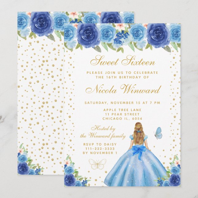 Blue Floral Blonde Hair Princess Sweet Sixteen Einladung (Vorne/Hinten)