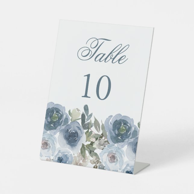 Blue Floral Blume Tischnummern Hochzeitsskripte Sockelschild (Vorderseite)