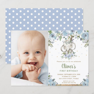 Blue Floral Boho Elephant Boy 1. Geburtstag Foto Einladung