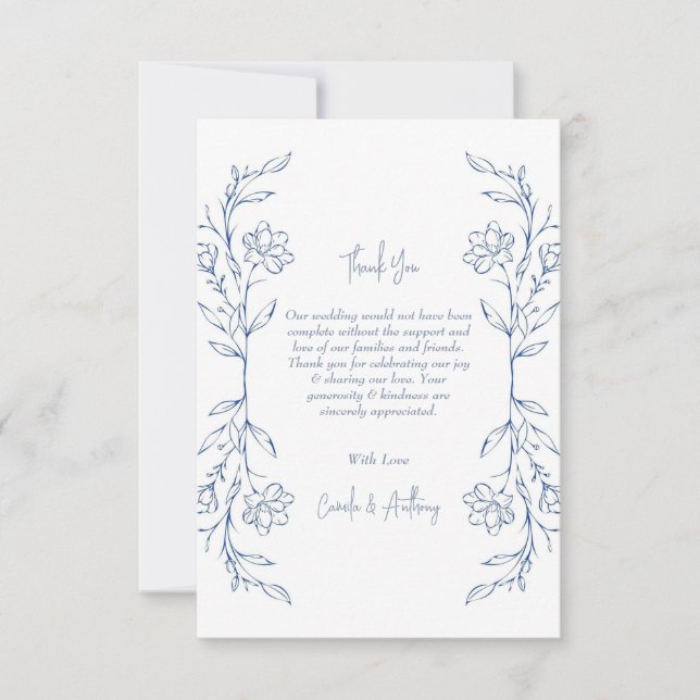 Blue Floral Boho Side Border Wedding Dankeskarte (Vorderseite)