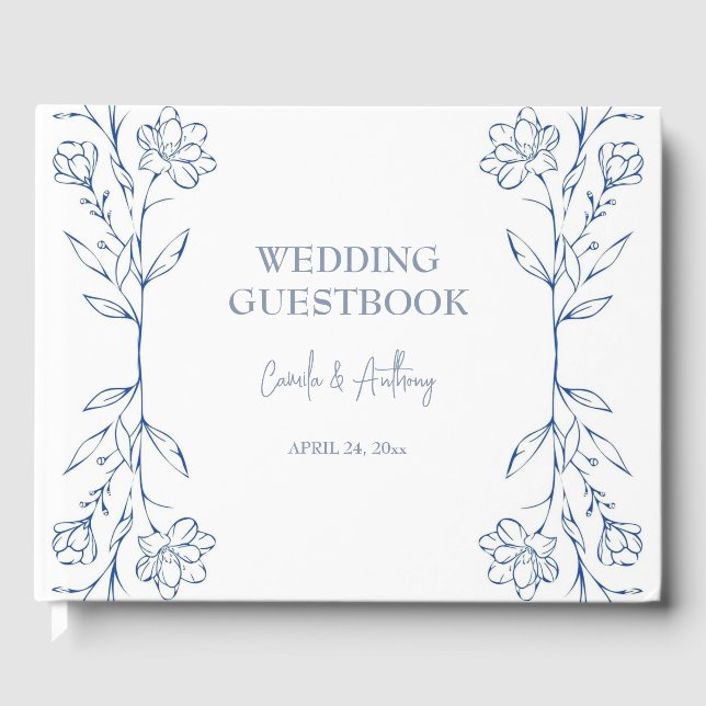 Blue Floral Boho Side Border Wedding Gästebuch (Vorderseite)