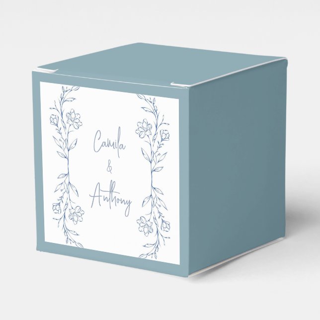 Blue Floral Boho Side Border Wedding Geschenkschachtel (Vorderseite)