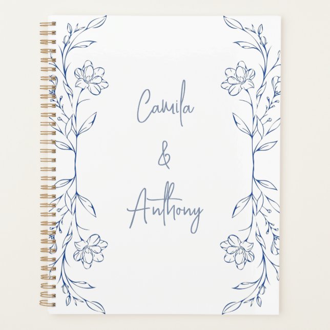 Blue Floral Boho Side Border Wedding Planer (Vorderseite)