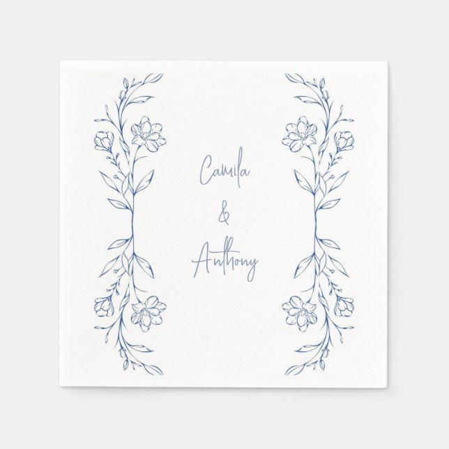Blue Floral Boho Side Border Wedding Serviette (Vorderseite)