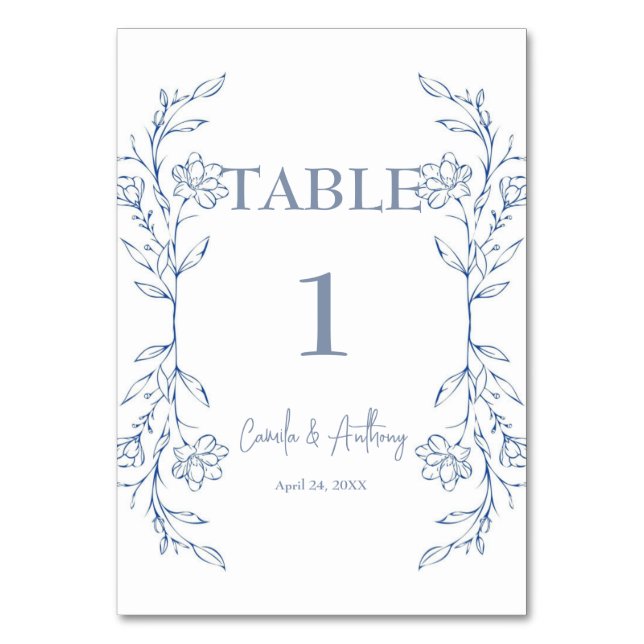 Blue Floral Boho Side Border Wedding Tischnummer (Vorderseite)