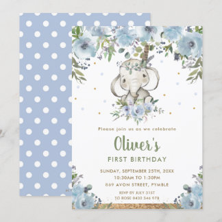 Blue Floral Boho Tribal Elephant Boy 1. Geburtstag Einladung