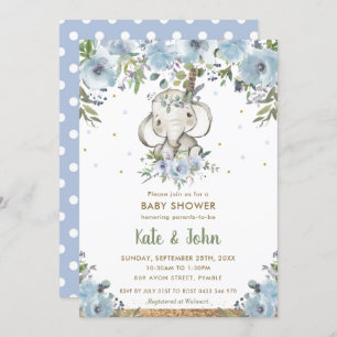 Blue Floral Boho Tribal Elephant Boy Baby Dusche Einladung