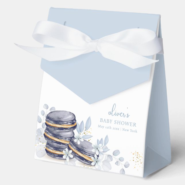 Blue Floral Bonjour Bébé Macaron Babydusche Geschenkschachtel (Vorderseite)