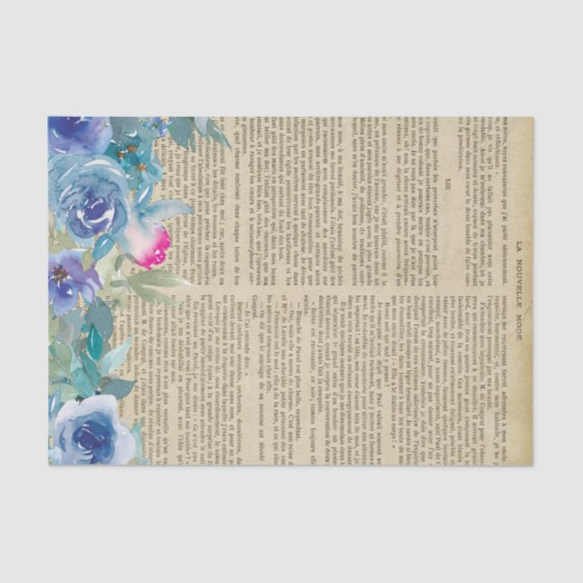 Blue Floral Book Page Decoupage Seidenpapier (Vorderseite)