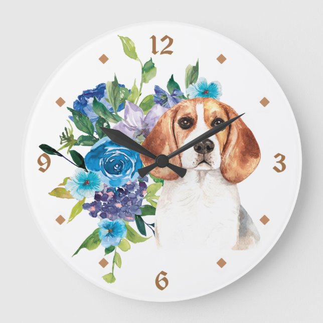 Blue Floral Bouquet Beagle Dog Große Wanduhr (Vorderseite)