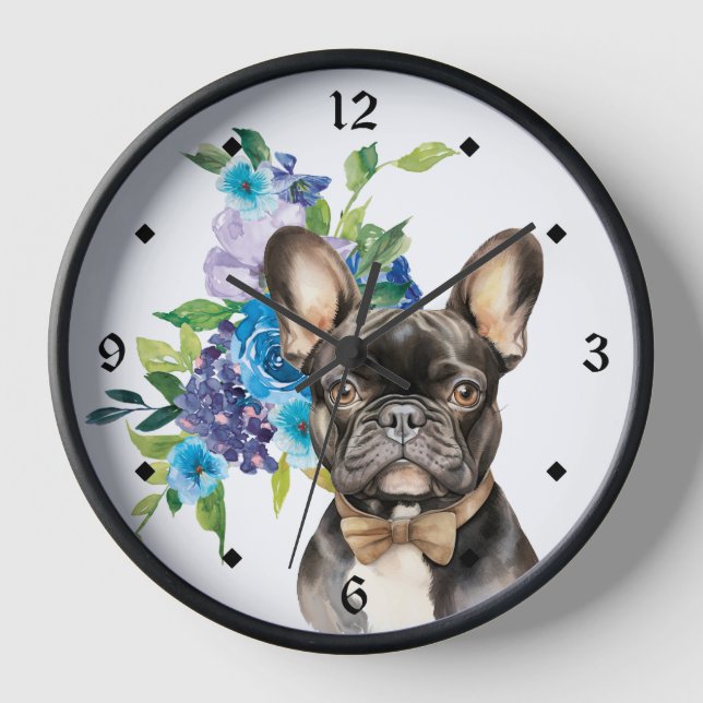 Blue Floral Bouquet Bowtie French Bulldog Uhr (Vorderseite)