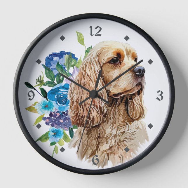 Blue Floral Bouquet Buff Cocker Spaniel Dog Uhr (Vorderseite)