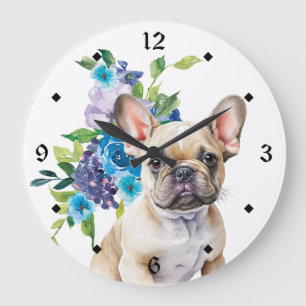 Blue Floral Bouquet French Bulldog Große Wanduhr