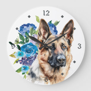 Blue Floral Bouquet German Shepherd Dog Große Wanduhr