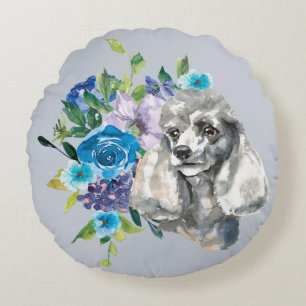 Blue Floral Bouquet Gray Poodle Rundes Kissen