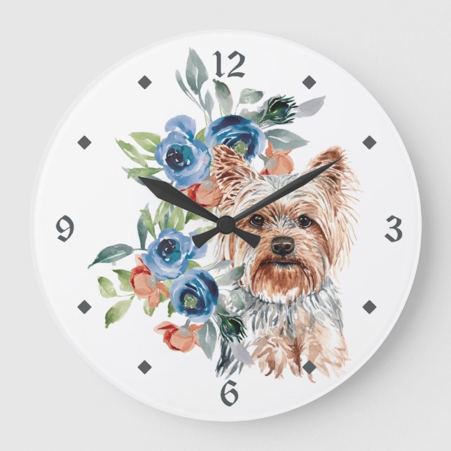 Blue Floral Bouquet Yorkshire Terrier Dog Große Wanduhr (Vorderseite)