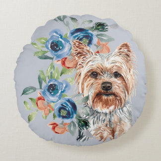 Blue Floral Bouquet Yorkshire Terrier Rundes Kissen