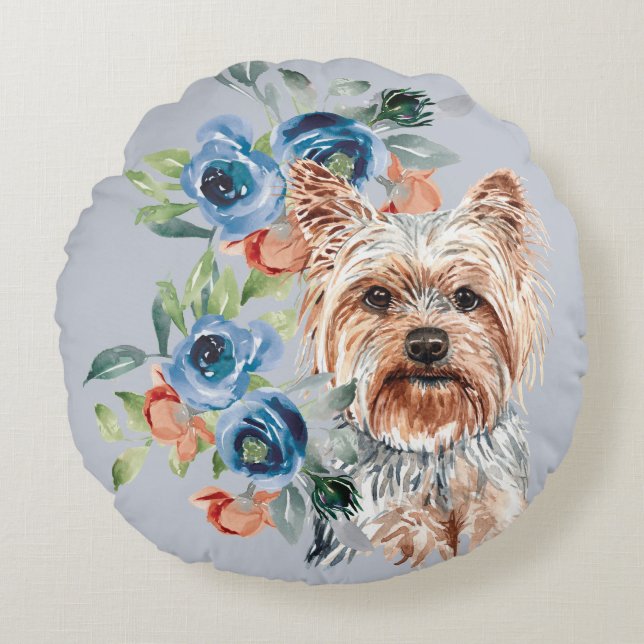 Blue Floral Bouquet Yorkshire Terrier Rundes Kissen (Vorderseite)