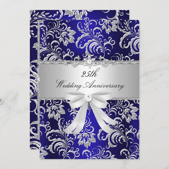 Blue Floral & Bow 25. Hochzeitstag Einladung (Vorne/Hinten)