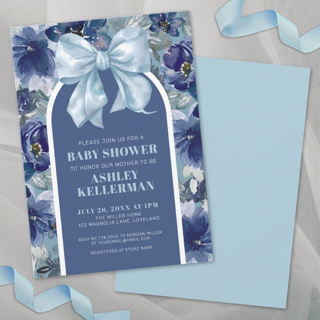 Blue Floral Bow Boy Baby Dusche Einladung (Blue Floral Boy Baby Shower Invitation)