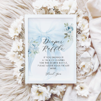 Blue Floral Bow Coquette Diaper Raffle Baby Shower Einladung