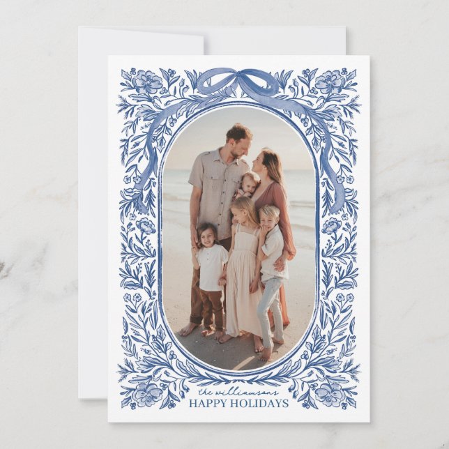 Blue Floral & Bow Holiday Photo Card Einladung (Vorderseite)
