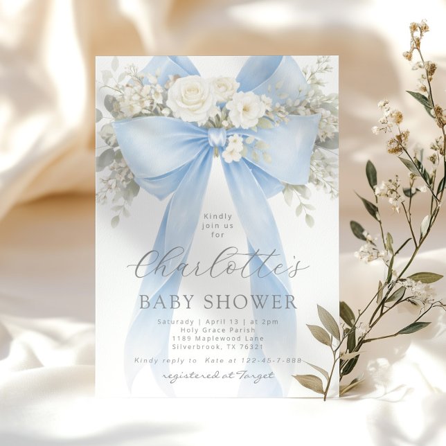 Blue Floral Bow It's a Boy Baby Shower Einladung (Von Creator hochgeladen)