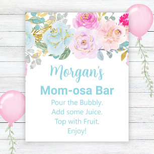 Blue Floral Boy Baby Shower Mama-osa Bar Sign Poster
