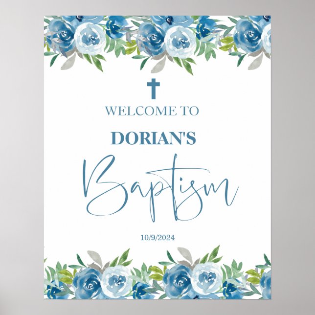 Blue Floral Boy Baptisposter Poster (Vorne)