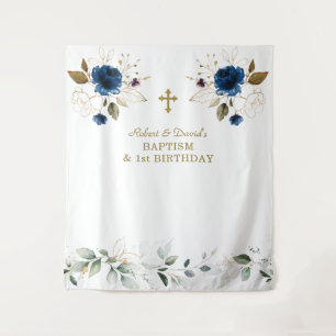 Blue Floral Boys Twins 1. Geburtstag Taufe Wandteppich
