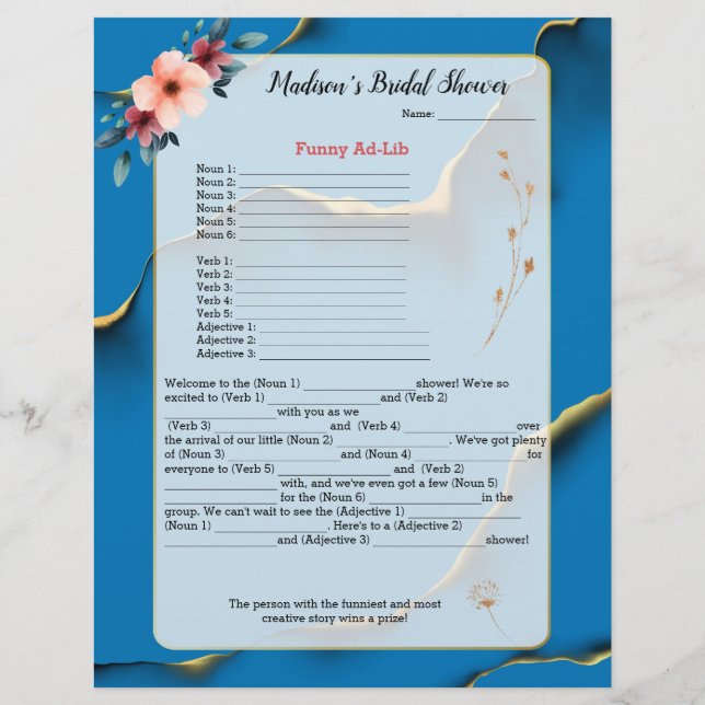 Blue Floral Brautparty Eisbrecher 💕 5 Word Spaß (Rückseite)