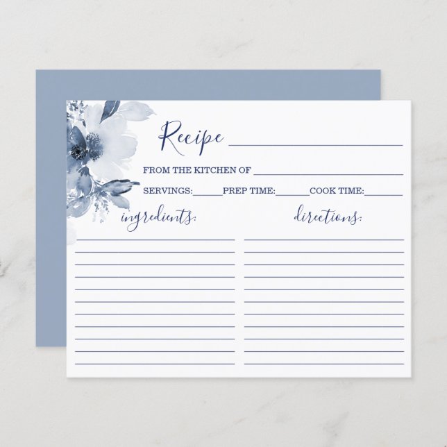 Blue Floral Brautparty Rezept Card (Vorne/Hinten)
