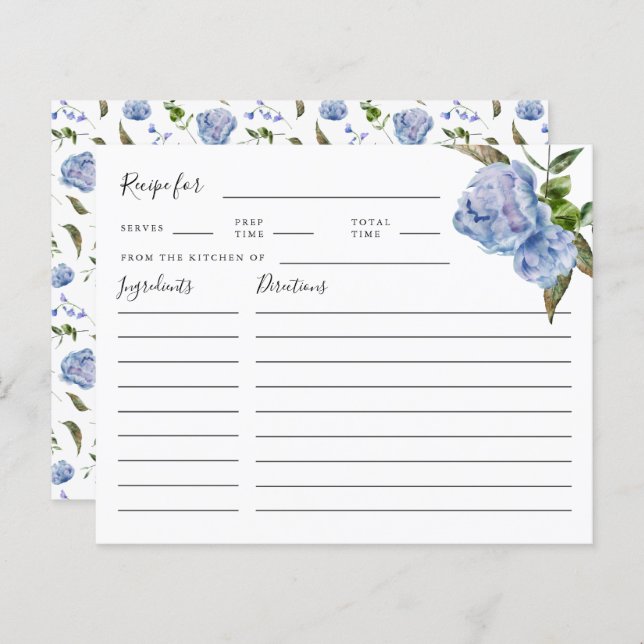 Blue Floral Brautparty Rezept Card (Vorne/Hinten)