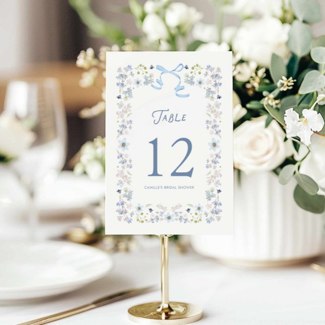 Blue Floral Bridal Shower Table Number Card Einladung (Blue Bow and Floral Table Number Card)