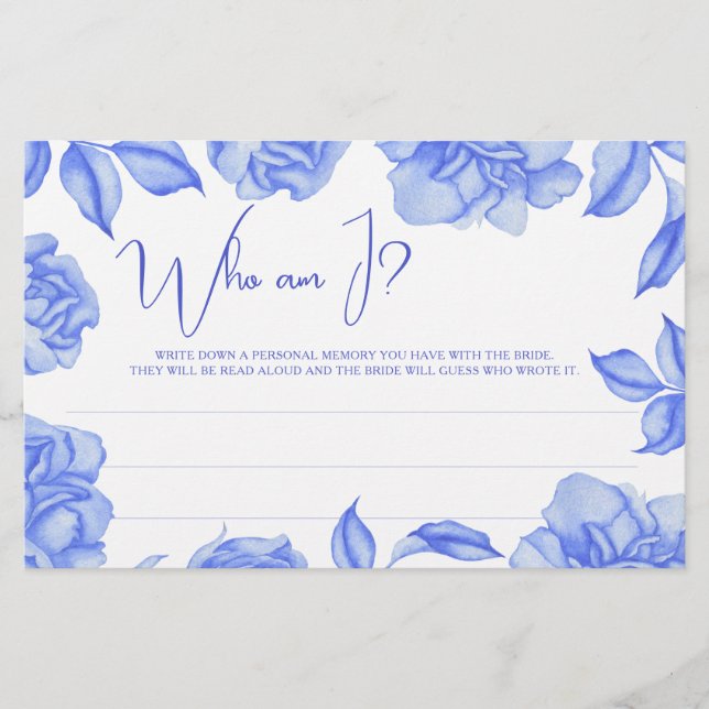 Blue Floral Bridal shower Who am I game Briefpapier (Vorderseite)