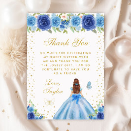 Blue Floral Brown Hair Princess 16 . Geburtstag Dankeskarte