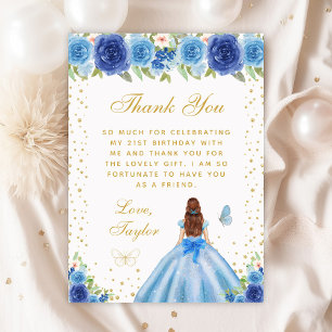 Blue Floral Brown Hair Princess Birthday Party Dankeskarte