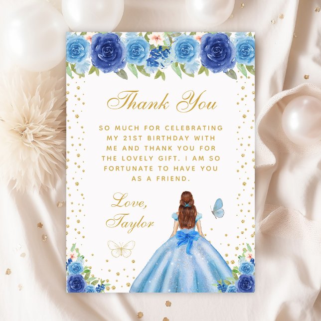 Blue Floral Brown Hair Princess Birthday Party Dankeskarte (Von Creator hochgeladen)