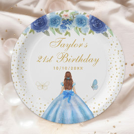 Blue Floral Brown Hair Princess Birthday Party Pappteller