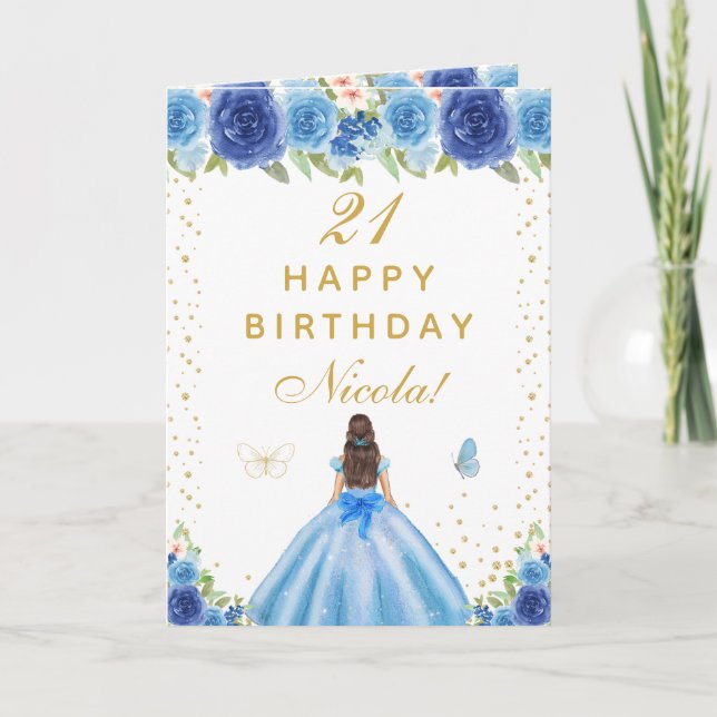 Blue Floral Brunette Hair Girl Birthday Karte (Vorderseite)
